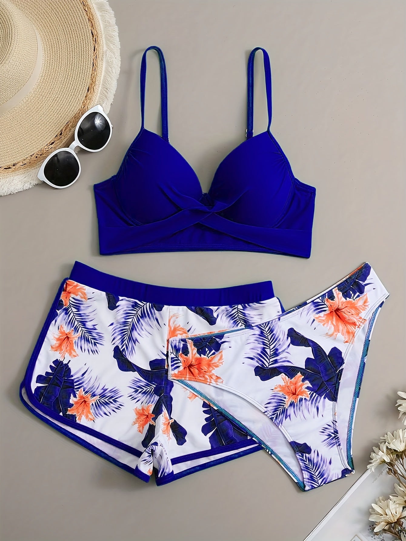Floral Leaf Print Stretchy 3 Piece Set Swimsuits, Cross Spaghetti Strap Push Up Bikini & Boxer Shorts, Women's Swimwear & Clothing