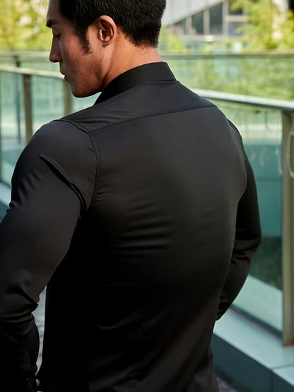 Camisa de homem de manga comprida, corte slim, cor sólida, tecido elástico de secagem rápida e fecho de botões. Ideal para atividades físicas na primavera e no outono.