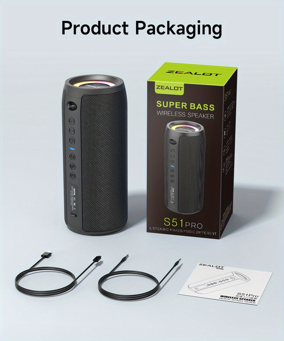ZEALOT S51 Pro Wireless Speakers, Outdoor Portable Subwoofer Speaker, Wireless Speaker, Dual Pairing, Booming Bass, Charging Cable And Aux Cable, Connect with Mobile Phone/Tablet/TV, for Home, Car, Outdoor, Camping