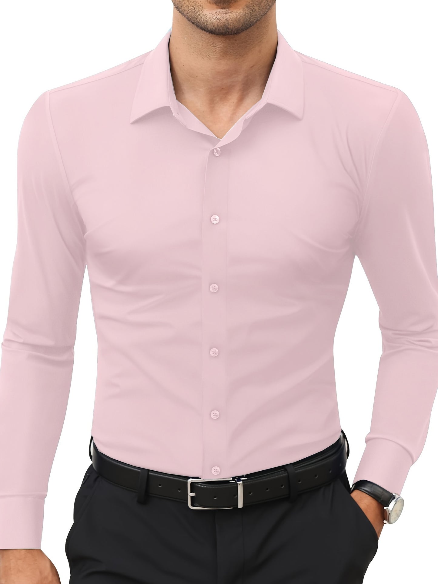 Camisola de homem de manga comprida com corte slim - 55% algodão, 40% poliéster, 5% elastano, cor lisa, para todas as estações, tecido plano, fecho com botões, gola de lapela, ideal para o fim de semana, 125 g/m²