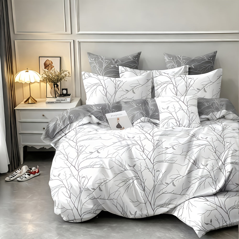 3pcs Solid Color Printed Branch Pattern Duvet Cover Set, Includes 1pc Duvet Cover and 2pcs Pillowcases Without Inserts, Zipper Closure, Machine Washable, Polyester Material - Suitable for Student Dormitory Home Bedroom