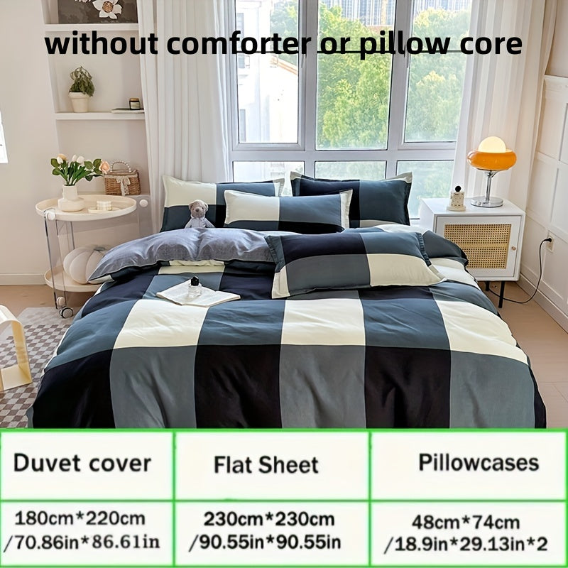 Conjunto de cama de 4 peças macio e respirável - Estampado xadrez espacial criativo, lavável à máquina - inclui lençol, edredão e 2 fronhas para todas as estações - ideal para dormitórios de estudantes, quartos e quartos de hóspedes.