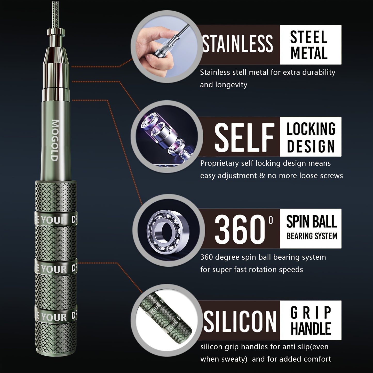 MOGOLD Adjustable Speed Jump Rope - Stainless Steel Metal Construction, 360° Spin Ball Bearing System, Silicone Grip Handles, Exercise & Fitness Skipping Rope for Adults, 14+ Age Group, Aluminum Alloy & PU Cable, Uncharged O