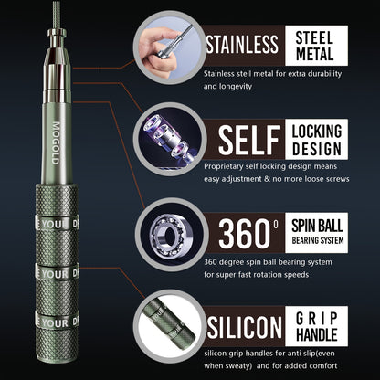 MOGOLD Adjustable Speed Jump Rope - Stainless Steel Metal Construction, 360° Spin Ball Bearing System, Silicone Grip Handles, Exercise & Fitness Skipping Rope for Adults, 14+ Age Group, Aluminum Alloy & PU Cable, Uncharged O