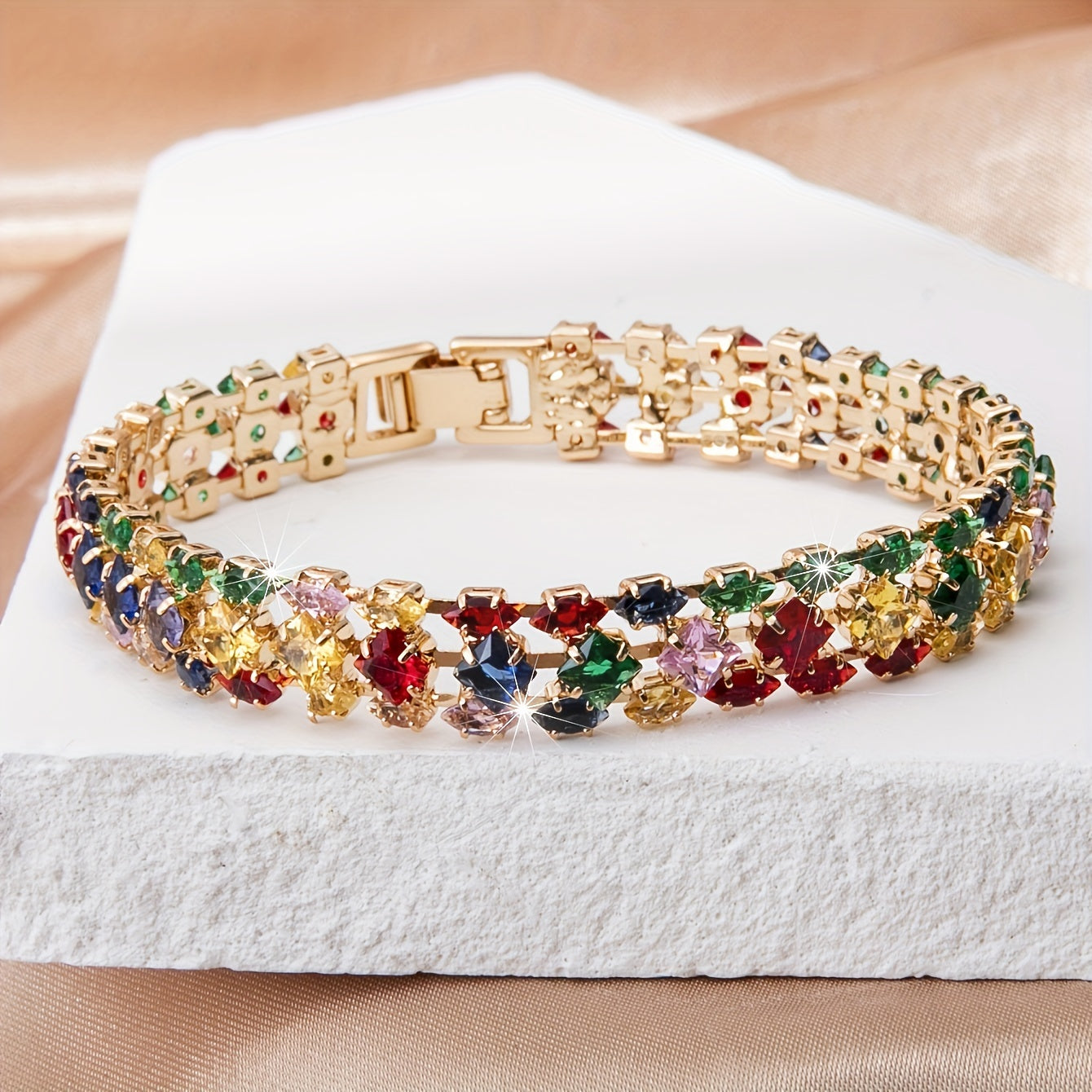 Elegant Boho-Chic Multicolor Geometric Zirconia Watch Clasp Chain Bracelet for Women - Perfect for Everyday &amp; Vacation Parties