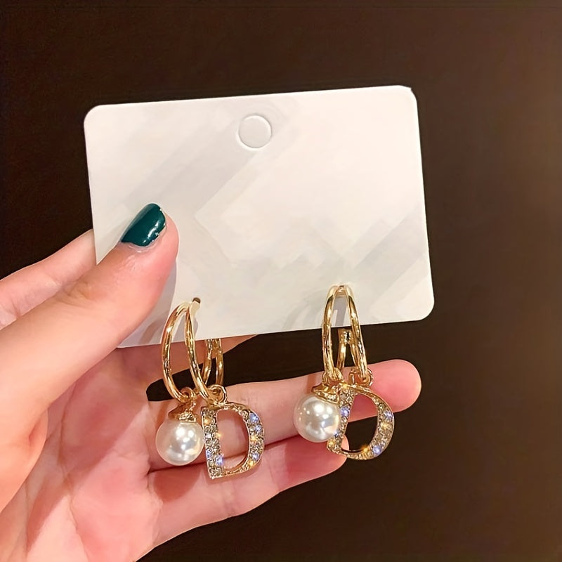 Hollow Letter D Design With Shiny Rhinestone Faux Pearl Decor Golden Dangle Earrings Japanese/ Korean Style Alloy Jewelry Female Gift