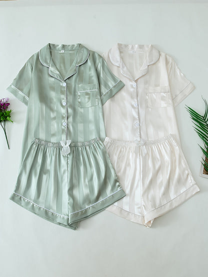 2 Sets Women's Striped Satin Casual Pajama Set, Short Sleeve Buttons Lapel Top & Shorts, Comfortable Relaxed Fit