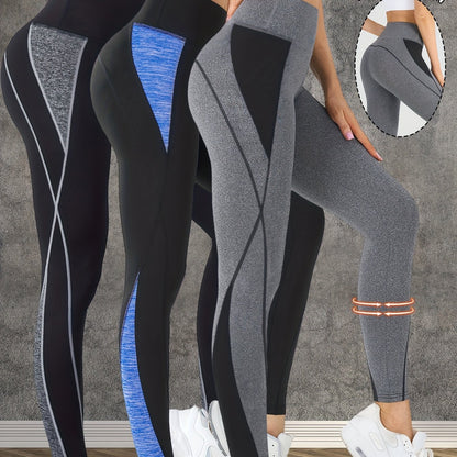 3-Pack Women's High-Waisted Yoga Pants - Tummy Control Butt-Lifting Workout Leggings, Breathable Stretchy Fitness Pants with Color-Block Design for Gym Running Training, Spring Summer Fall Essentials, Seasonal Activewear, Con