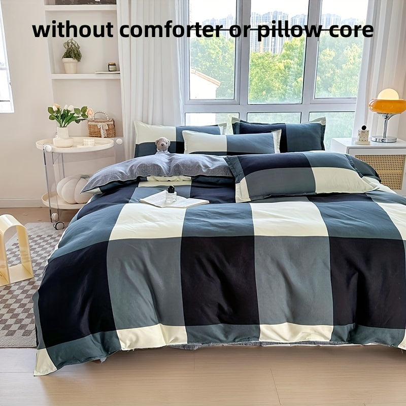 Conjunto de cama de 4 peças macio e respirável - Estampado xadrez espacial criativo, lavável à máquina - inclui lençol, edredão e 2 fronhas para todas as estações - ideal para dormitórios de estudantes, quartos e quartos de hóspedes.