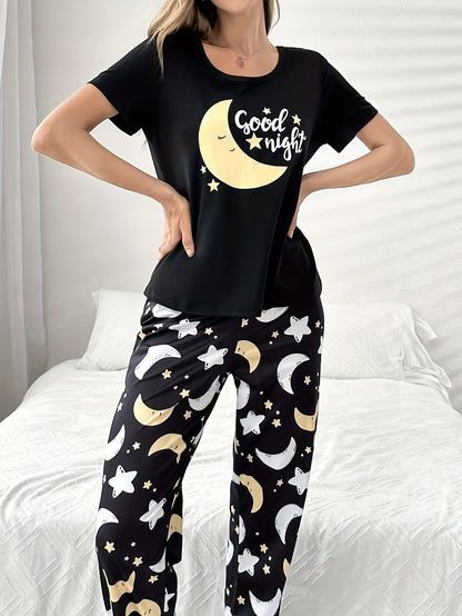 Women'S Casual "Good Night" Moon & Stars Print Pajama Set - Short Sleeve Top & Long Pants, Soft Crew Neck, Lightweight Spring/Summer Sleepwear, Perfect for Home or Outdoor, Relaxed Fit, Casual Wear|Playful Print|Lightweight F
