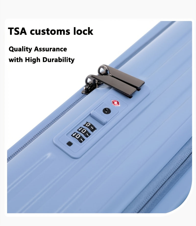 Hard Shell Spinner Luggage, Front Opening, Telescopic Handle, Durable ABS+PC Material, TSA Lock, Cup Holder, Shock Absorbing Wheels, Iron Pull Handle, No Electricity Required, No Print, for Travel