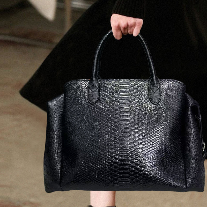 Elegant Black Snake Pattern Handbag for Women - Large Capacity, Detachable Shoulder Strap, Vegan Synthetic Faux Leather, Perfect for Daily Use and Work, Ideal Holiday Gift, Versatile Trolley | Avantgarde Style | Synthetic Fa
