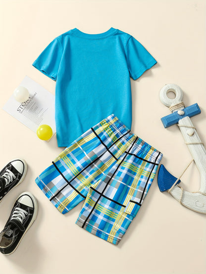 2pcs Set Kids Cotton Cartoon Dinosaur Short Sleeves Tshirt & Breathable Comfy Drawstring Plaid Shorts