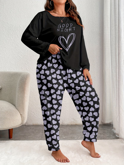 Women's Comfort Plus Size Heart Print Pajama Set - Long Sleeve and Pants, Soft Polyester Loungewear, Machine Washable, Autumn, Oversized, Heart Pattern, Long Sleeve Sleepwear Set