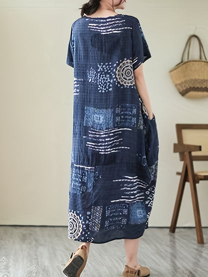 Allover Print With Pocket Loose Dress, Casual Short Sleeve Crew Neck Dress, Women's Clothing