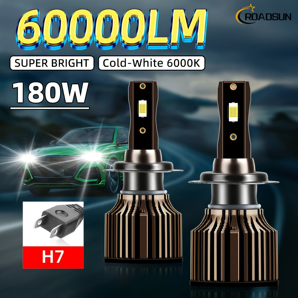 2pcs ROADSUN LED Bulbs - 60000LM Ultra Bright, 180W, 6000K Cool White, H1/H7/H11/9005/9006/H4/H13/9007/9004 Compatible, Plug & Play, Cooling Fan, Aviation Aluminum Housing, 12V/24V Compatible, for Cars, Trucks, SUVs, Motorcyc