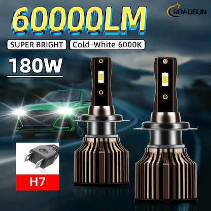 2pcs ROADSUN LED Bulbs - 60000LM Ultra Bright, 180W, 6000K Cool White, H1/H7/H11/9005/9006/H4/H13/9007/9004 Compatible, Plug & Play, Cooling Fan, Aviation Aluminum Housing, 12V/24V Compatible, for Cars, Trucks, SUVs, Motorcyc