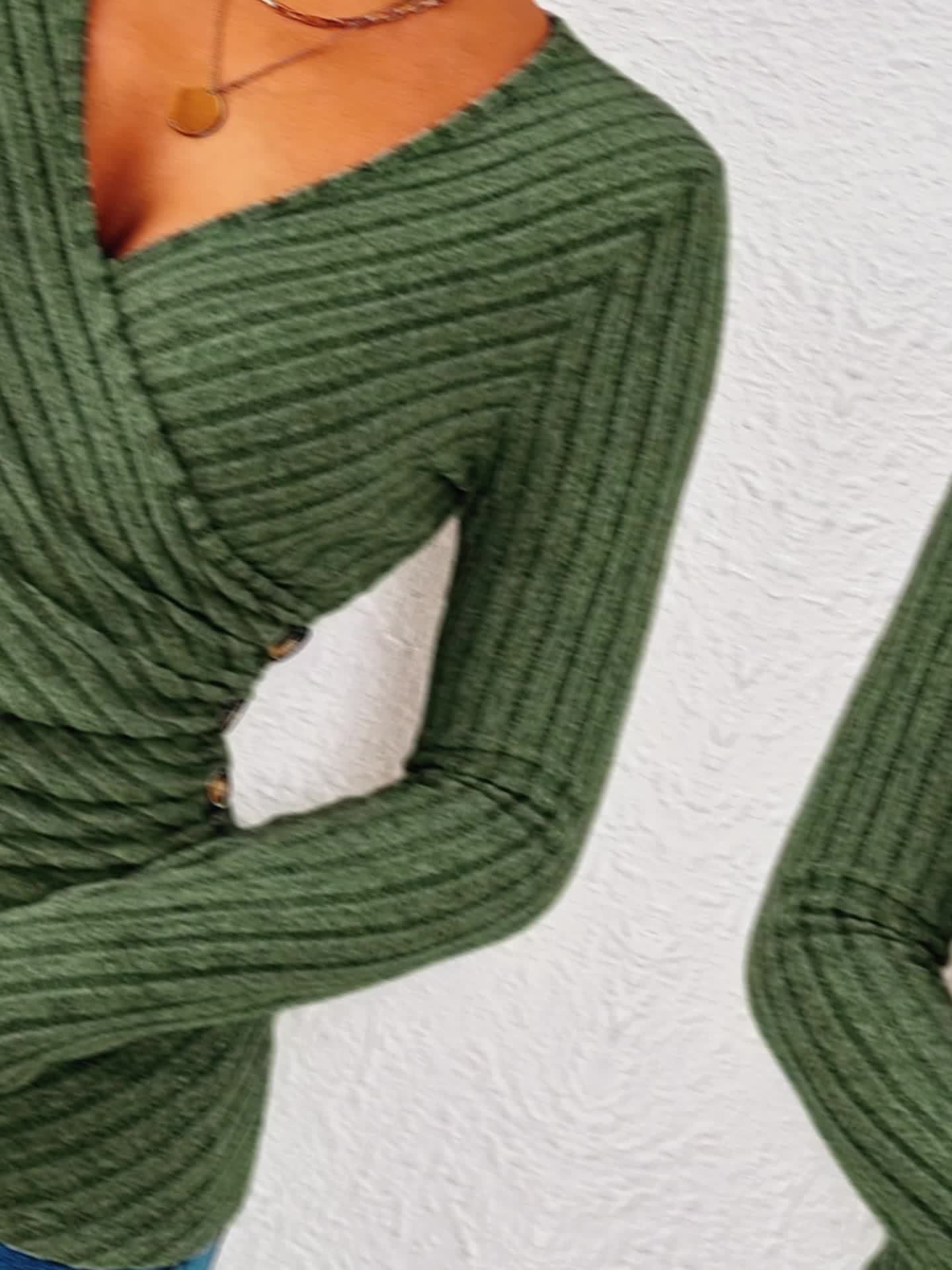 Women'S Solid Color Long Sleeve V-Neck Button T-Shirt Top