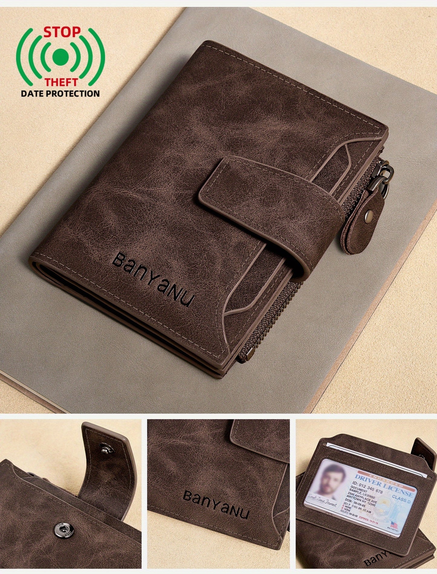 BANYANU Vintage Genuine Leather Wallet for Men - RFID Blocking, 17 Card Slots, Zippered Coin Pocket &amp; Independent Card Holder, Brown, Perfect Father'S Day Gift, Secure Card Storage | Vintage Wallet | Durable Zipper Closure, B