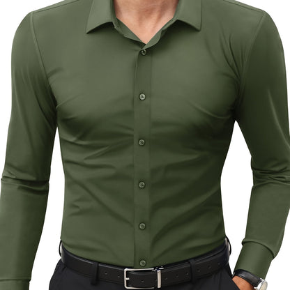 Camisola de homem de manga comprida com corte slim - 55% algodão, 40% poliéster, 5% elastano, cor lisa, para todas as estações, tecido plano, fecho com botões, gola de lapela, ideal para o fim de semana, 125 g/m²