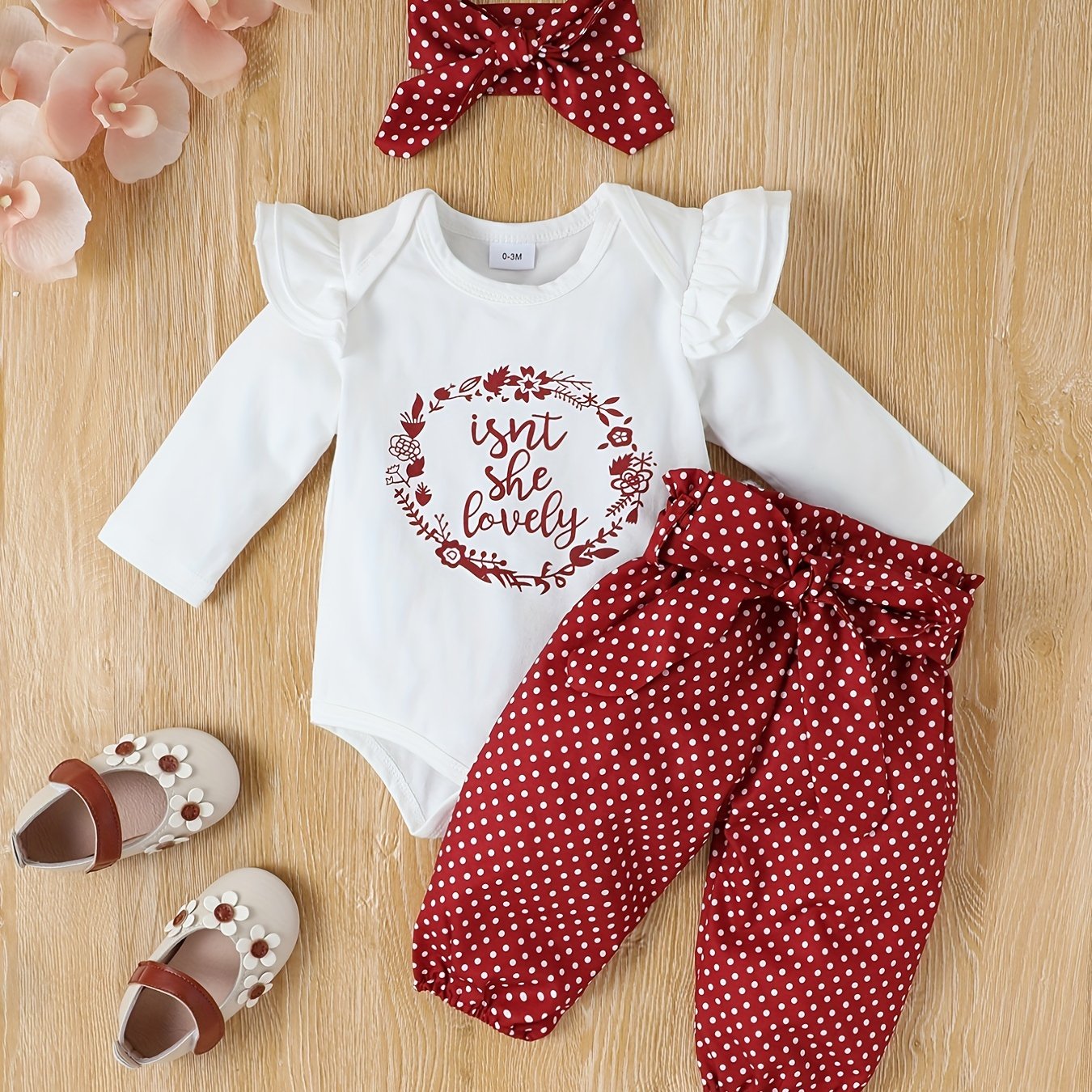 2pcs Baby Girl's Stylish Set, "Isn't She Lovely" Print Long Sleeve Onesie + Polka Dot Pants, Comfy Trendy Outfit