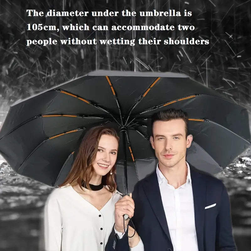 Large Automatic Folding Umbrella - Double Rib Design, Windproof &, 12 Ribs, Compact & Durable, Black with Orange Accents, Dual User Coverage, | Fashion Accessory | High-quality Fabric, Outdoor Umbrella
