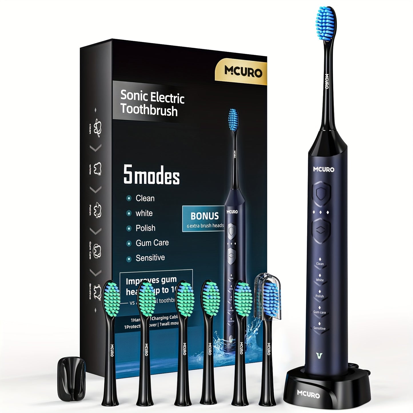 Sonic Electric Toothbrush Rechargeable Electric Toothbrush, Deep Cleaning with 5 Modes, 6 Replacement Brush Heads, Equipped with USB Stand Charging, Portable, Suitable for Travel, Dormitory, Gift, Black, Pink, Blue, Gift for