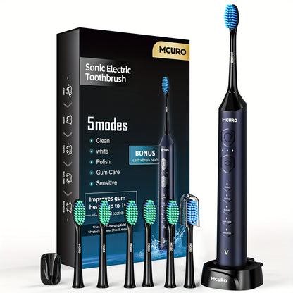 Sonic Electric Toothbrush Rechargeable Electric Toothbrush, Deep Cleaning with 5 Modes, 6 Replacement Brush Heads, Equipped with USB Stand Charging, Portable, Suitable for Travel, Dormitory, Gift, Black, Pink, Blue, Gift for
