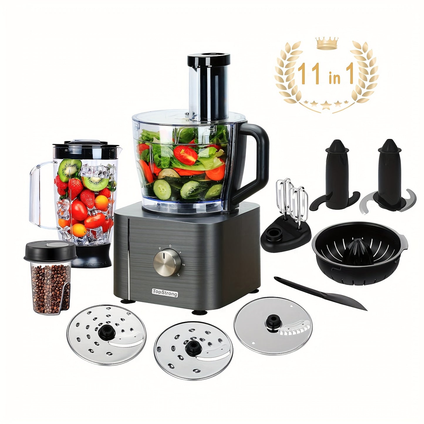 Food Processor 11-in-1 with Chopping Blending Kneading Grinding Whisking Juicing, 1100W, 3 Speeds Plus Pulse, 3.2 L Bowl and 1.5L Jug Blender