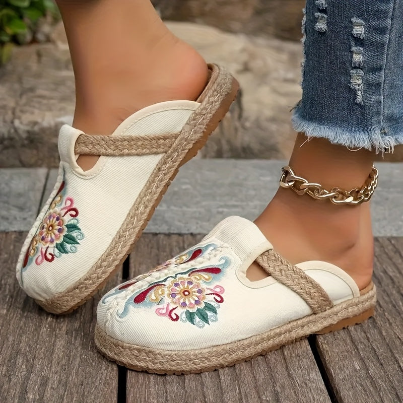 Women'S Ethnic Floral Embroidered Fabric Slides - Handmade Woven Espadrille Sole, Round Toe Slip-On Flat Heel Sandals for All Seasons, White with Colorful Flower Patterns, Casual Footwear | Floral Pattern Sandals | Woven Espa