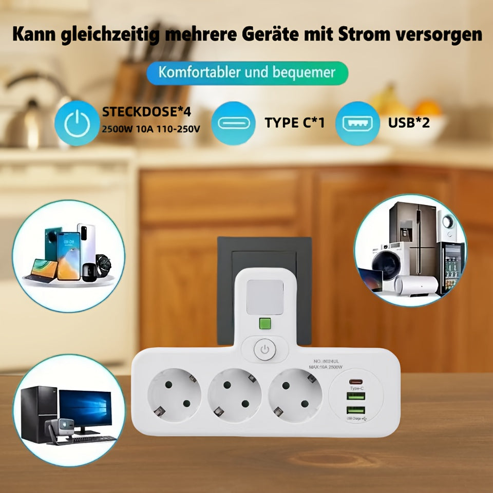 European Plug USB Adapter with 2 USB Ports, 1 C-Shaped Independent Switch, No-Blocking Compact Design, 10A 2500W, Suitable for Home Office Kitchen, Modern Plug Design, Durable Power Outlet