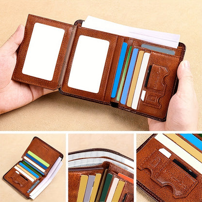 BANYANU Men'S Genuine Leather Short Wallet - Brown, Casual Style, Three-Fold Design, Multiple Card Slots, Anti-Theft Protection, Durable & Stylish for Everyday Use, Secure Card Holder | Casual Wallet | Genuine Leather Wallet