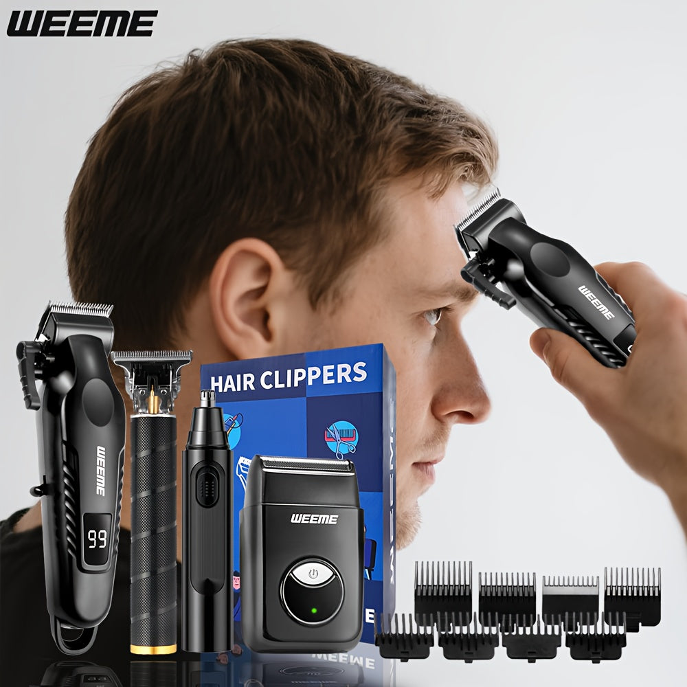 WEEME 4pcs Men's facial grooming set, household electric hair clipper set USB fast-charging electric hair clipper + T-trimmer + razor + nose hair clipper Haircutting, shaving, nose hair t* Car travel home Father's Day/Birthda