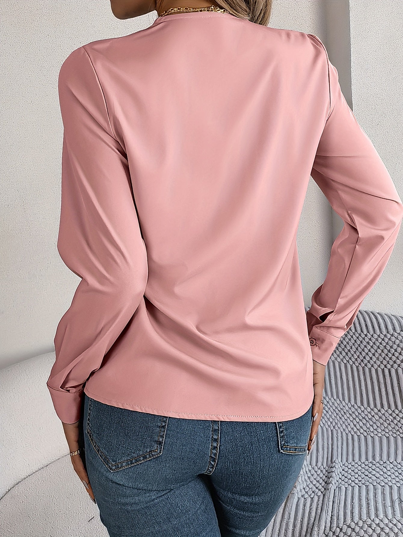 Women'S Elegant V-Neck Long Sleeve Shirt, Solid Color Polyester Blouse with Triple V-Cut, 95% Polyester 5% Elastane, Woven Fabric, 120g/m², for Spring/Summer/Fall - Adult