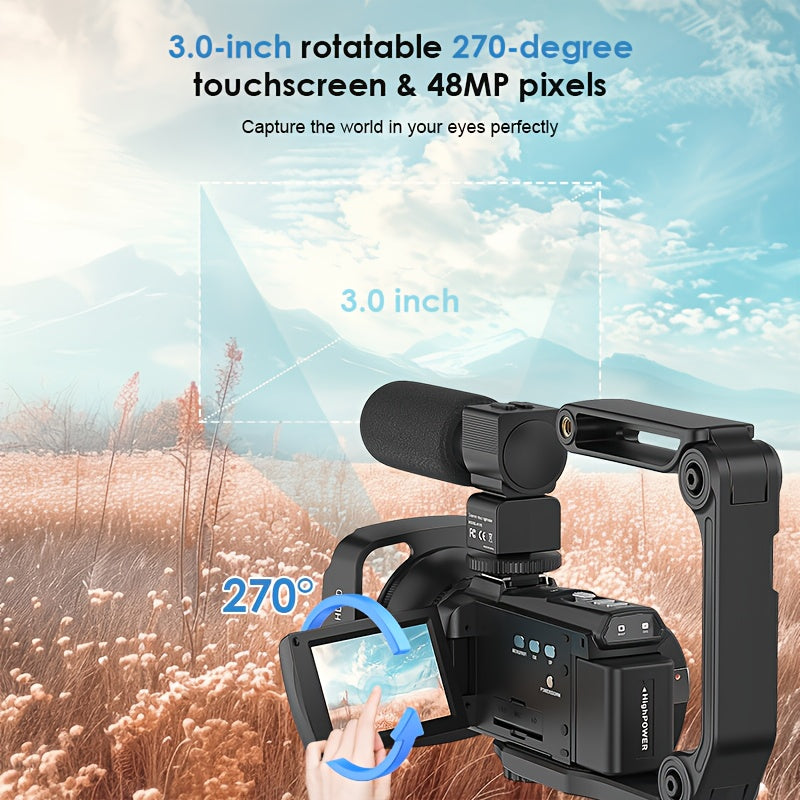 Flyfrost 4K 60FPS HD Camcorder with External Mic, 6D Stabilization & WIFI FPV Drone-like Camera, 48MP Photo/Video, 7.62cm Touch Screen, Auto Focus, 80° Lens, Remote Control, Compatible with PC/Mobile for Vlogging, YouTube Re