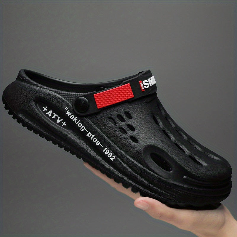 Men's Trendy Thick-Sole EVA Clogs with Alphabet Design - Slip-On, Breathable Garden Shoes with Secure Yellow Strap & "SMN WALKING PROS" Insole Print for Outdoor Comfort, Chunky Shoes