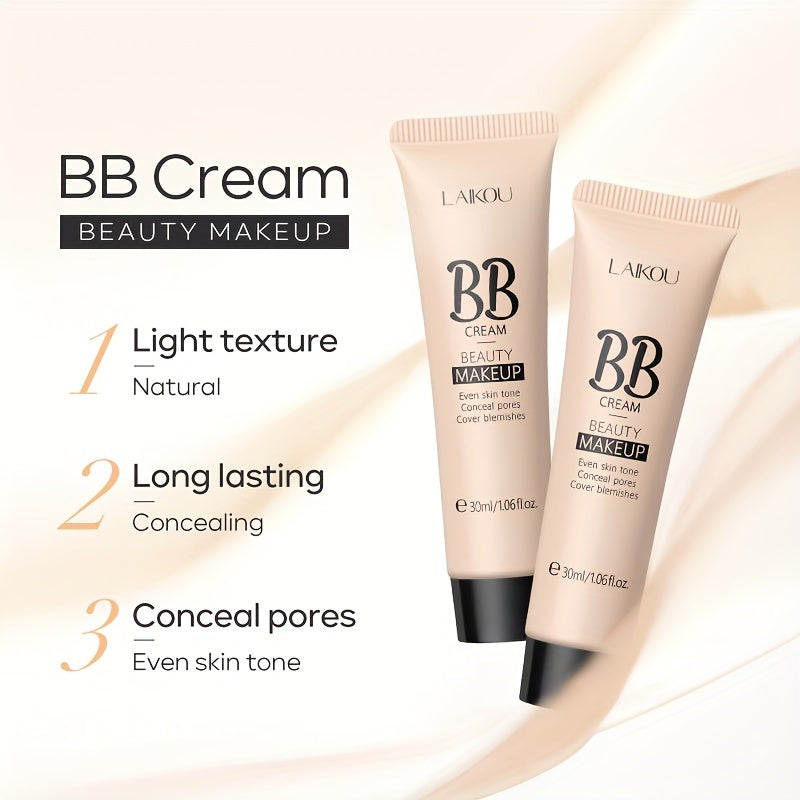 LAIKOU BB Cream à prova de água com cobertura total, tons naturais/marfim/bronzeado, 30ml, base de longa duração, controlo da oleosidade, uniformiza o tom da pele e disfarça os poros.