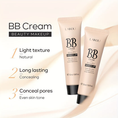 LAIKOU BB Cream à prova de água com cobertura total, tons naturais/marfim/bronzeado, 30ml, base de longa duração, controlo da oleosidade, uniformiza o tom da pele e disfarça os poros.