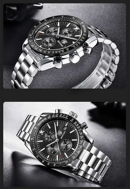 BY BENYAR Men'S Quartz Chronograph Watch - Luminous, Stainless Steel, Blue Dial with Date & Stopwatch, Faux Leather Strap, Elegant Business & Casual Style, Perfect Gift for Men, Professional Chronograph | Sleek Watch Design |