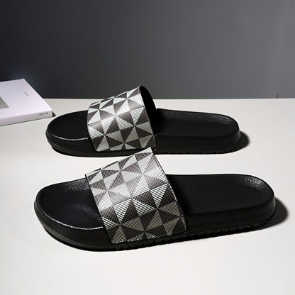 Men's Summer Slide Sandals - Non-Slip Soft Sole Casual Slippers with Geometric Pattern, Black & Gray, Comfortable for Indoor & Outdoor Use