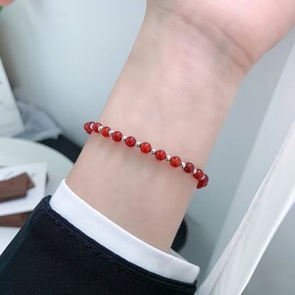 925 Pure Silvery Material Versatile Round Bead Red Agate Bracelet, Temperament Jewelry, Light Luxury Style, Gemstone Bead Bracelet, Women's Trendy Accessory, Gift Box Included