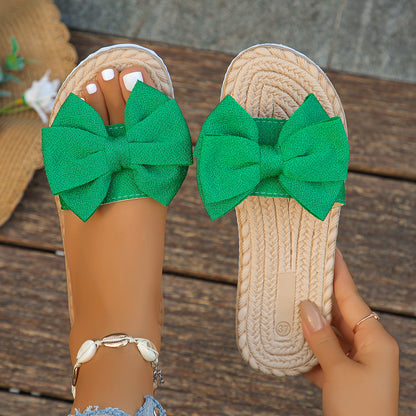 Sandálias rasas bege com laço para mulher - Sandálias de praia elegantes, antiderrapantes e com bico aberto, perfeitas para o verão. Sola em EVA confortável para looks casuais, férias e ocasiões informais.