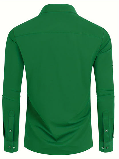 Camisola de homem de manga comprida com corte slim - 55% algodão, 40% poliéster, 5% elastano, cor lisa, para todas as estações, tecido plano, fecho com botões, gola de lapela, ideal para o fim de semana, 125 g/m²