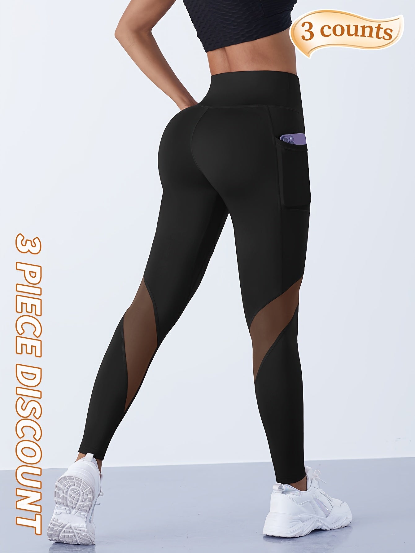 3pcs Women'S High-Waist Yoga Pants, Polyester & Spandex Blend, Sports Style, Solid Color, High Stretch, Breathable Mesh, with Pockets for All-Season Fitness Leggings