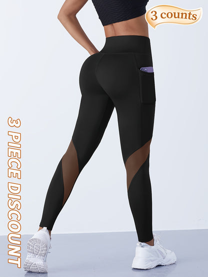 3pcs Women'S High-Waist Yoga Pants, Polyester & Spandex Blend, Sports Style, Solid Color, High Stretch, Breathable Mesh, with Pockets for All-Season Fitness Leggings
