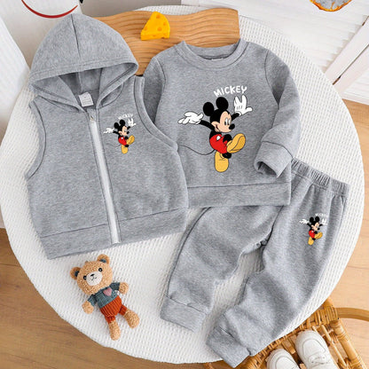 Boys' Autumn/Winter New Three-Piece Set with Mickey Mouse Classic Cartoon Print Long-Sleeve Round Neck Hoodie and Zip-Up Sleeveless Top, Matching Printed Sweatpants - Fleece-Lined Thickened Warm Comfortable Outfit for Parties