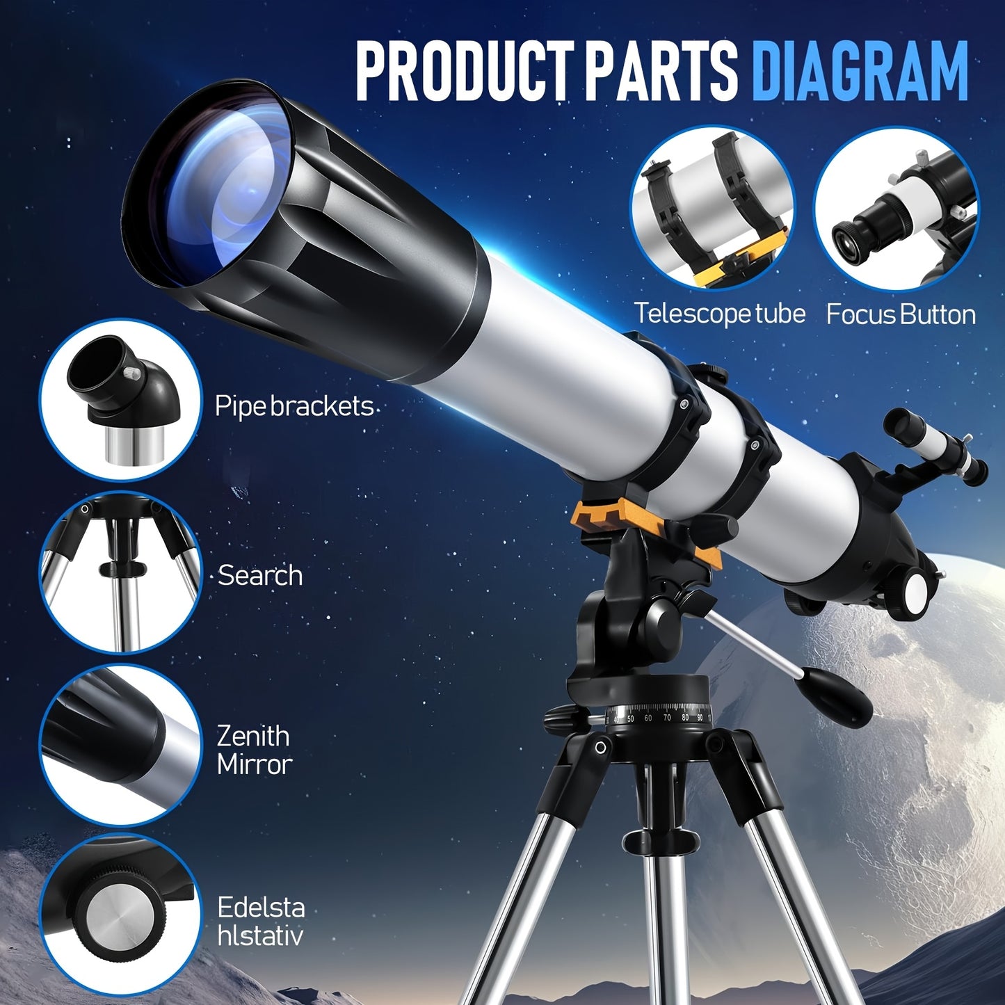90mm Professional Astronomical Telescope, 90mm Objective Lens, 800mm Focal Length, 675x Magnification Moon Observing Telescope with Tripod - Suitable for Moon, Bird, Planetary Observation - Ideal Christmas And Birthday Gift