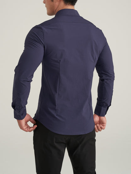 Camisa de homem de manga comprida, corte slim, cor sólida, tecido elástico de secagem rápida e fecho de botões. Ideal para atividades físicas na primavera e no outono.