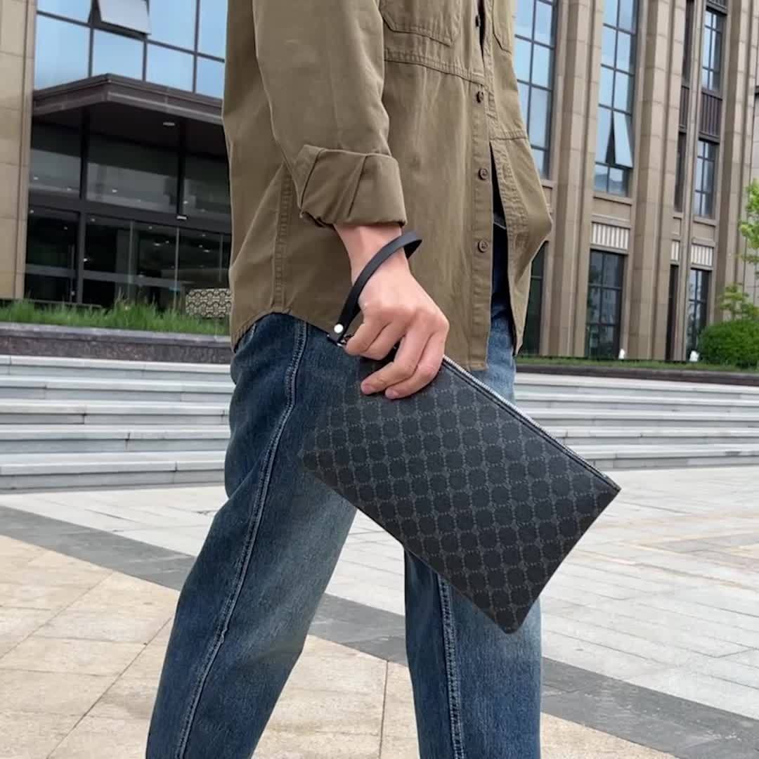 Men'S Stylish Black Synthetic Clutch Bag with Hexagonal Pattern & Card Slots - Perfect for Keys, Phone, Tablet, and Cards - Durable Zipper Closure for Everyday Use