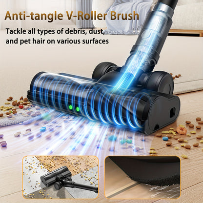 Aspirador sem fios, 45KPA, autoportante, para uso doméstico, com autonomia de 60 minutos, carregamento na parede, visor LED, luz verde melhorada e escova anti-emaranhamento para pelos de animais, alcatifas e pavimentos duros.